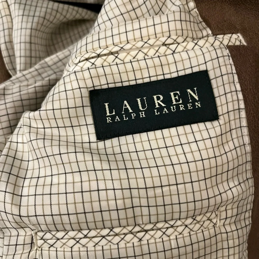 Lauren Ralph Lauren 38R Brown Faux Leather Check Lining Blazer Jacket Sport Coat